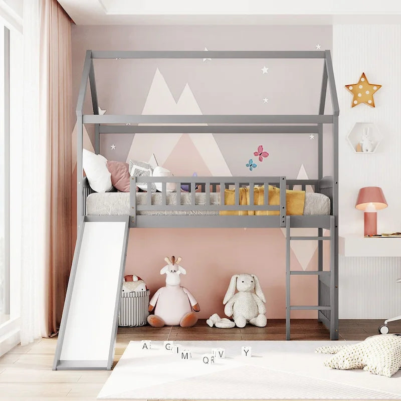 Loft Bed with Slide and Fence, House Bed with Slide