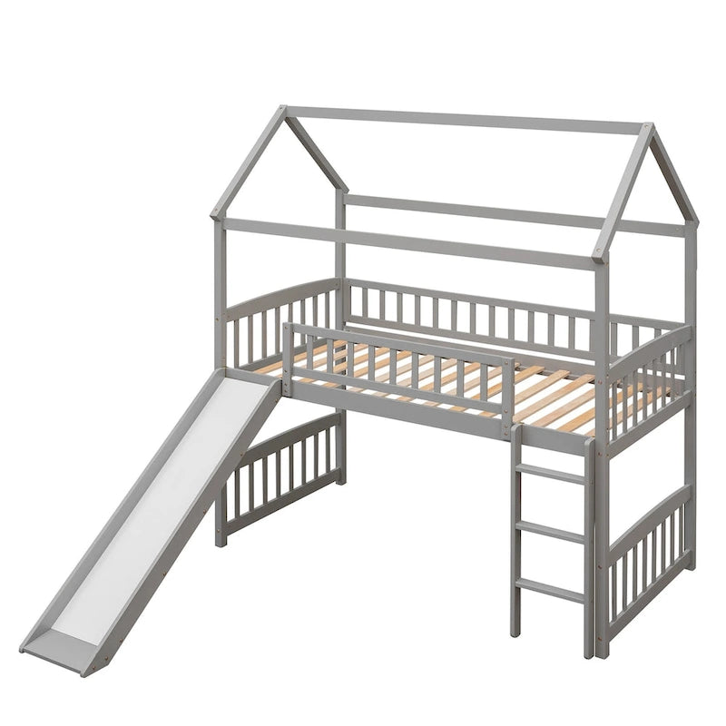 Loft Bed with Slide and Fence, House Bed with Slide