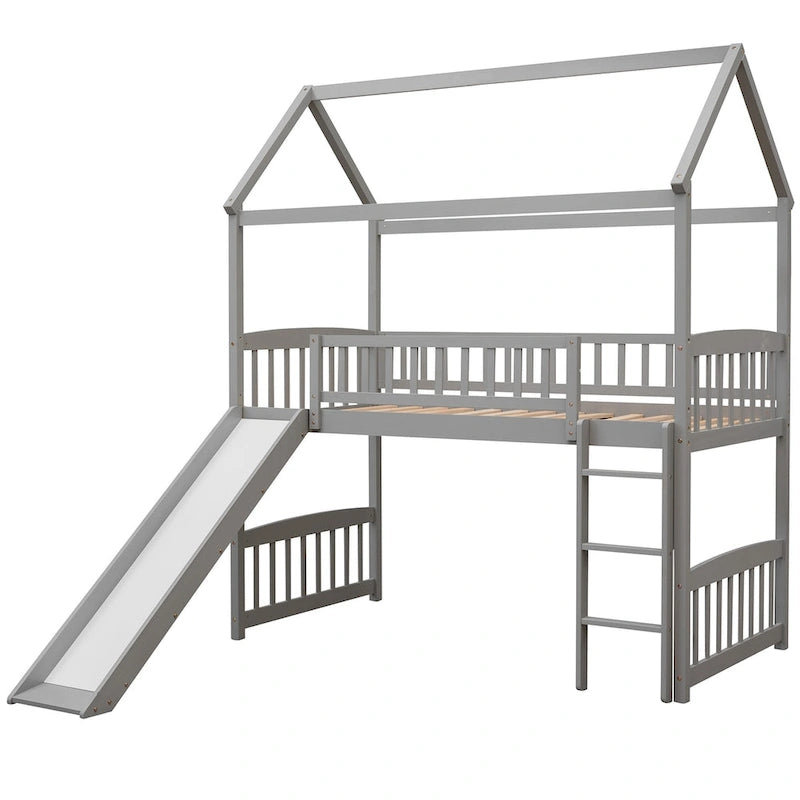 Loft Bed with Slide and Fence, House Bed with Slide