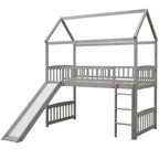Loft Bed with Slide and Fence, House Bed with Slide