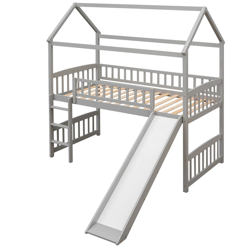 Loft Bed with Slide and Fence, House Bed with Slide
