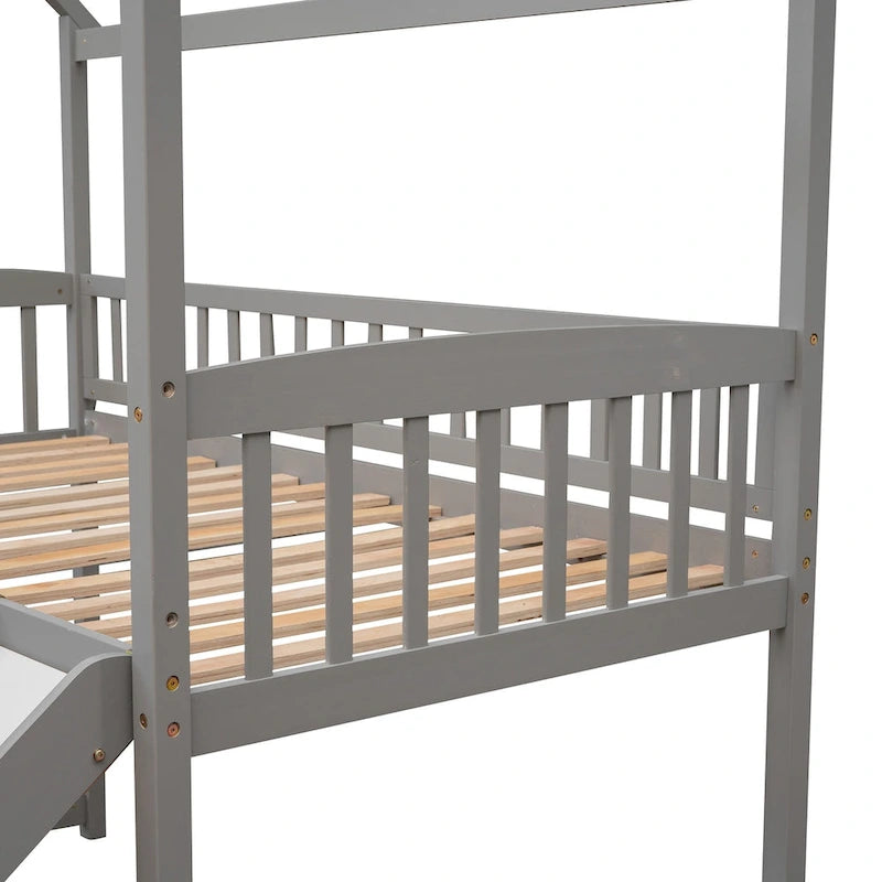 Loft Bed with Slide and Fence, House Bed with Slide