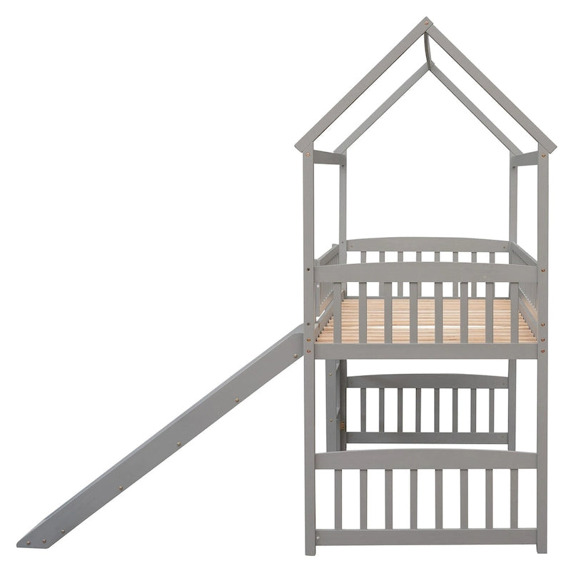 Loft Bed with Slide and Fence, House Bed with Slide