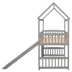 Loft Bed with Slide and Fence, House Bed with Slide