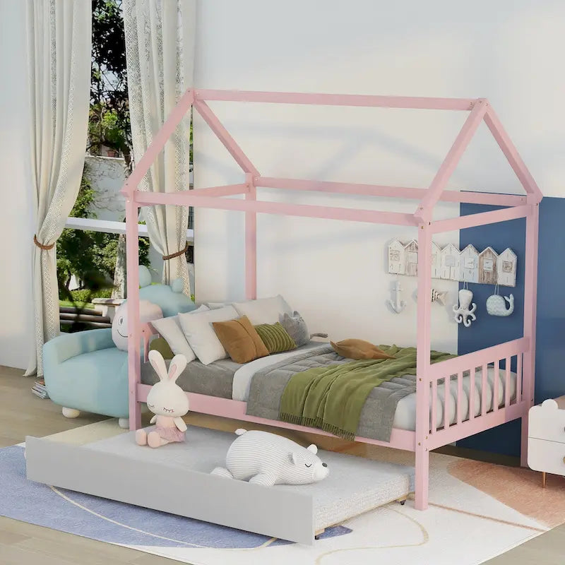 Twin Pine House Bed with Functional Trundle for Guests