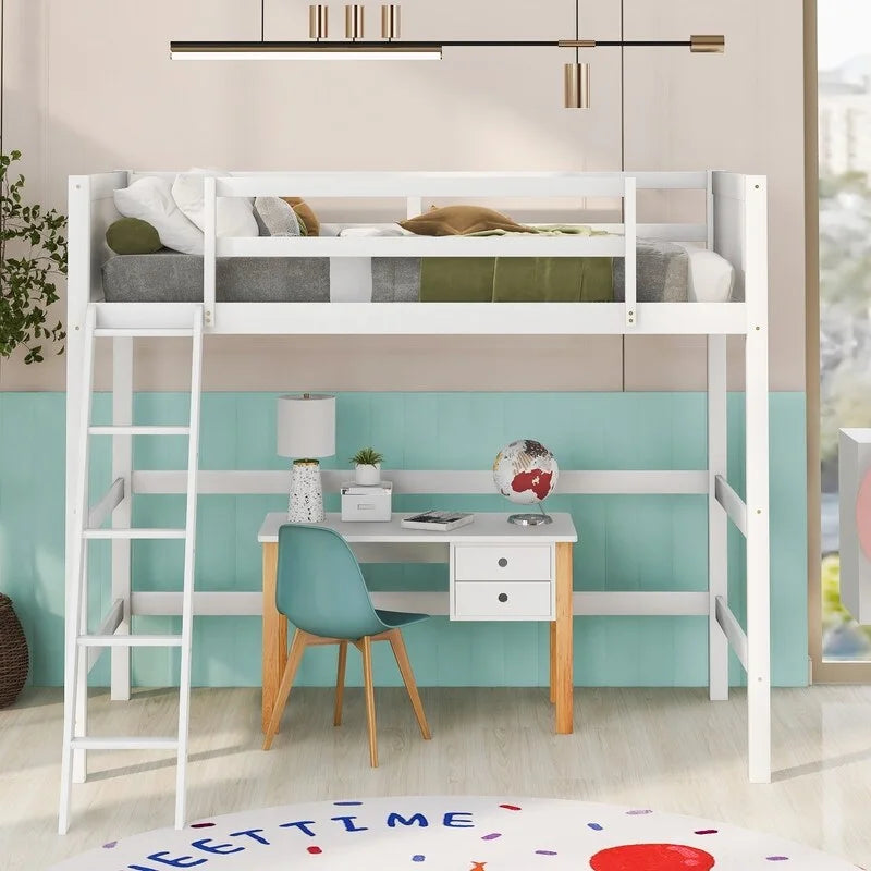 Solid Wood Twin Size Loft Bed with Ladder, Kids Bed