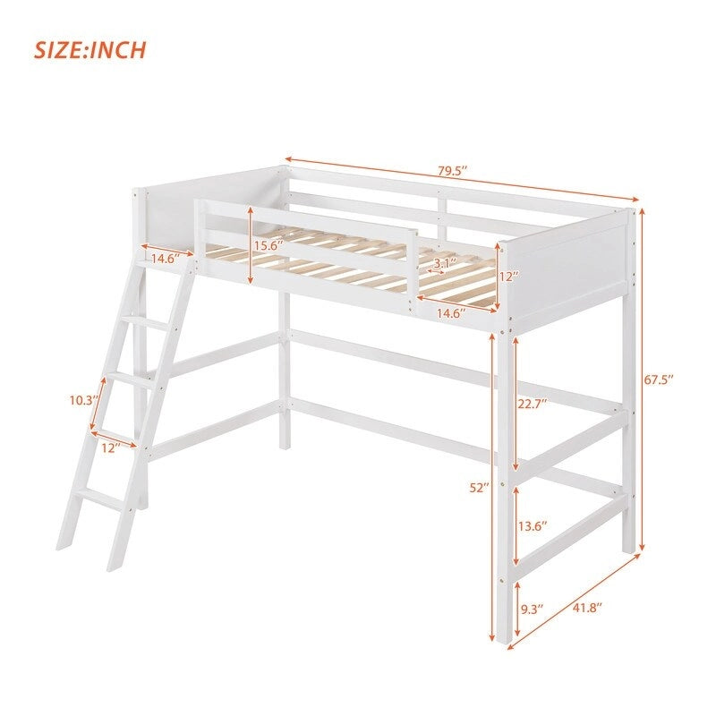 Solid Wood Twin Size Loft Bed with Ladder, Kids Bed