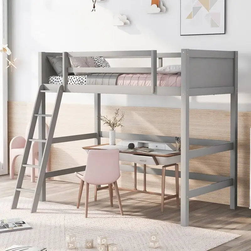 Solid Wood Twin Size Loft Bed with Ladder, Kids Bed