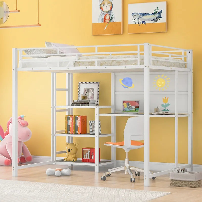 White Metal Loft Bed with Desk, Whiteboard, and 3 Shelves, Includes Ladder