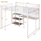 White Metal Loft Bed with Desk, Whiteboard, and 3 Shelves, Includes Ladder