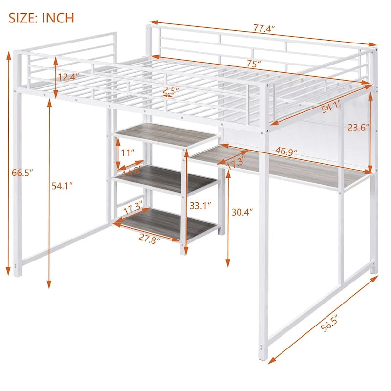 White Metal Loft Bed with Desk, Whiteboard, and 3 Shelves, Includes Ladder