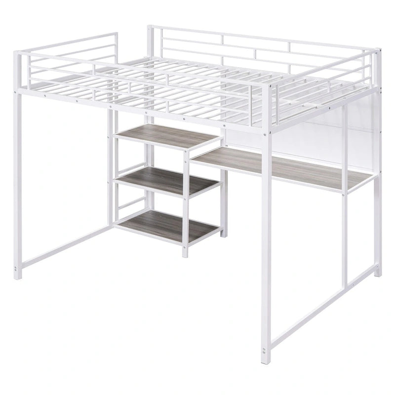 White Metal Loft Bed with Desk, Whiteboard, and 3 Shelves, Includes Ladder