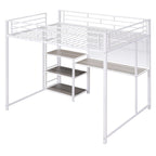 White Metal Loft Bed with Desk, Whiteboard, and 3 Shelves, Includes Ladder