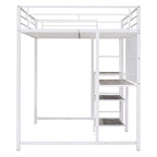 White Metal Loft Bed with Desk, Whiteboard, and 3 Shelves, Includes Ladder