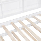 White Pinewood Kids House Platform Bed with Trundle, Shelf, and Roof