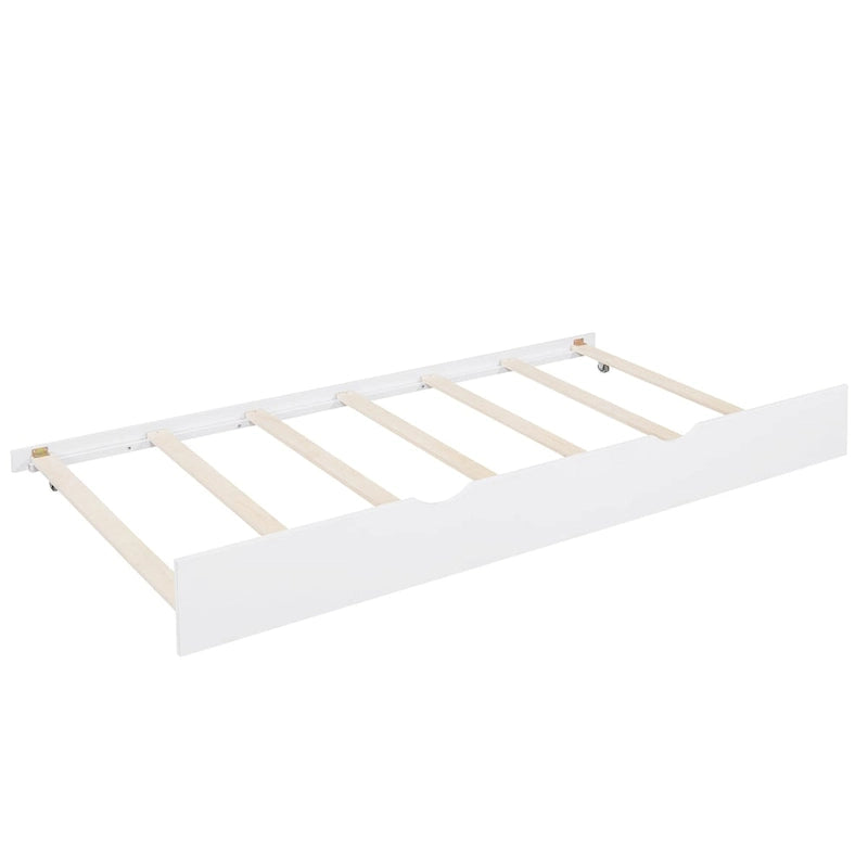 White Pinewood Kids House Platform Bed with Trundle, Shelf, and Roof