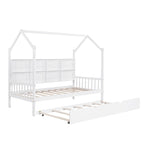 White Pinewood Kids House Platform Bed with Trundle, Shelf, and Roof