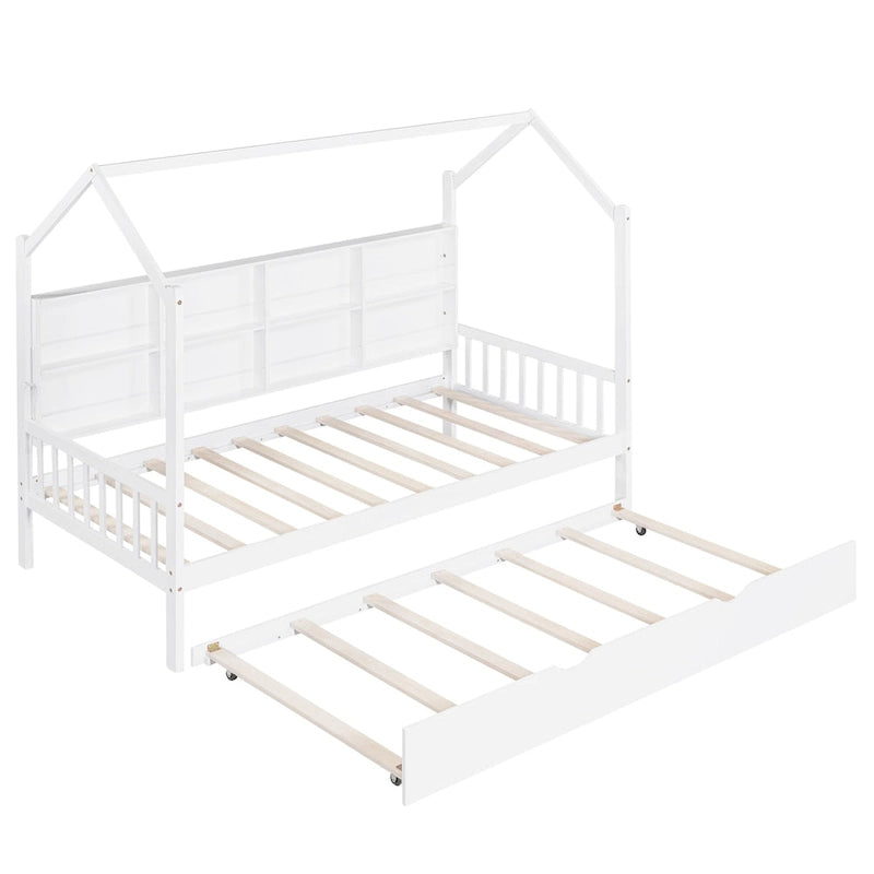 White Pinewood Kids House Platform Bed with Trundle, Shelf, and Roof