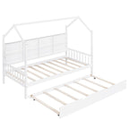 White Pinewood Kids House Platform Bed with Trundle, Shelf, and Roof